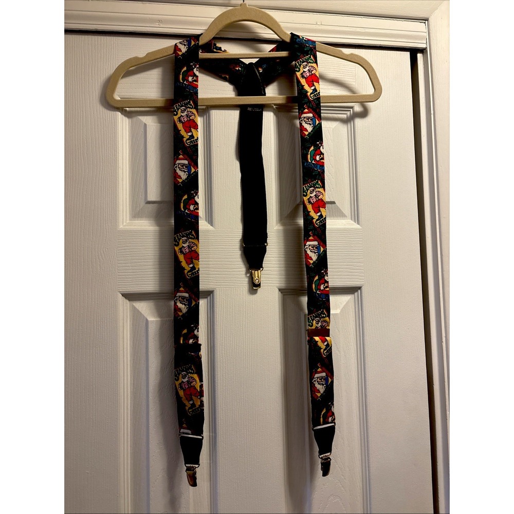 Vtg Addiction Christmas‎ Santa Claus Silk 1.5" Suspenders Seasons Greetings